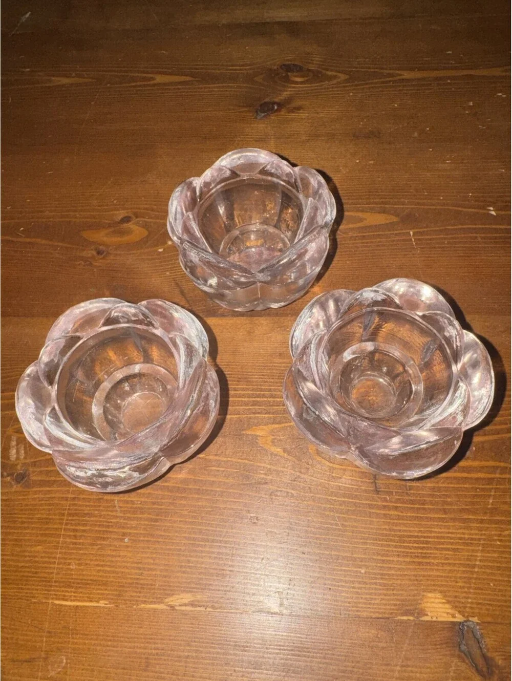 Vintage Pink Glass Lotus Flower Tea Light Votive Candle Holders - Set of 3